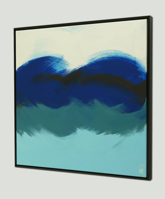 Incl Frame - Abstract Square Painting - The Wave in Blue - 85x85cm - Ronald Hunter - 22J