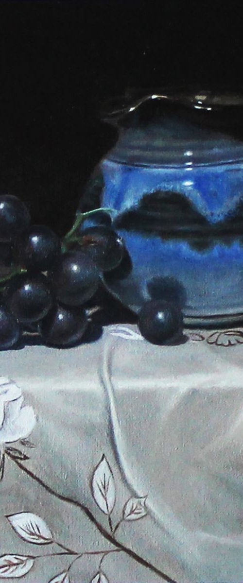 Blue Jar and Dark Purple Grapes by James Zhao