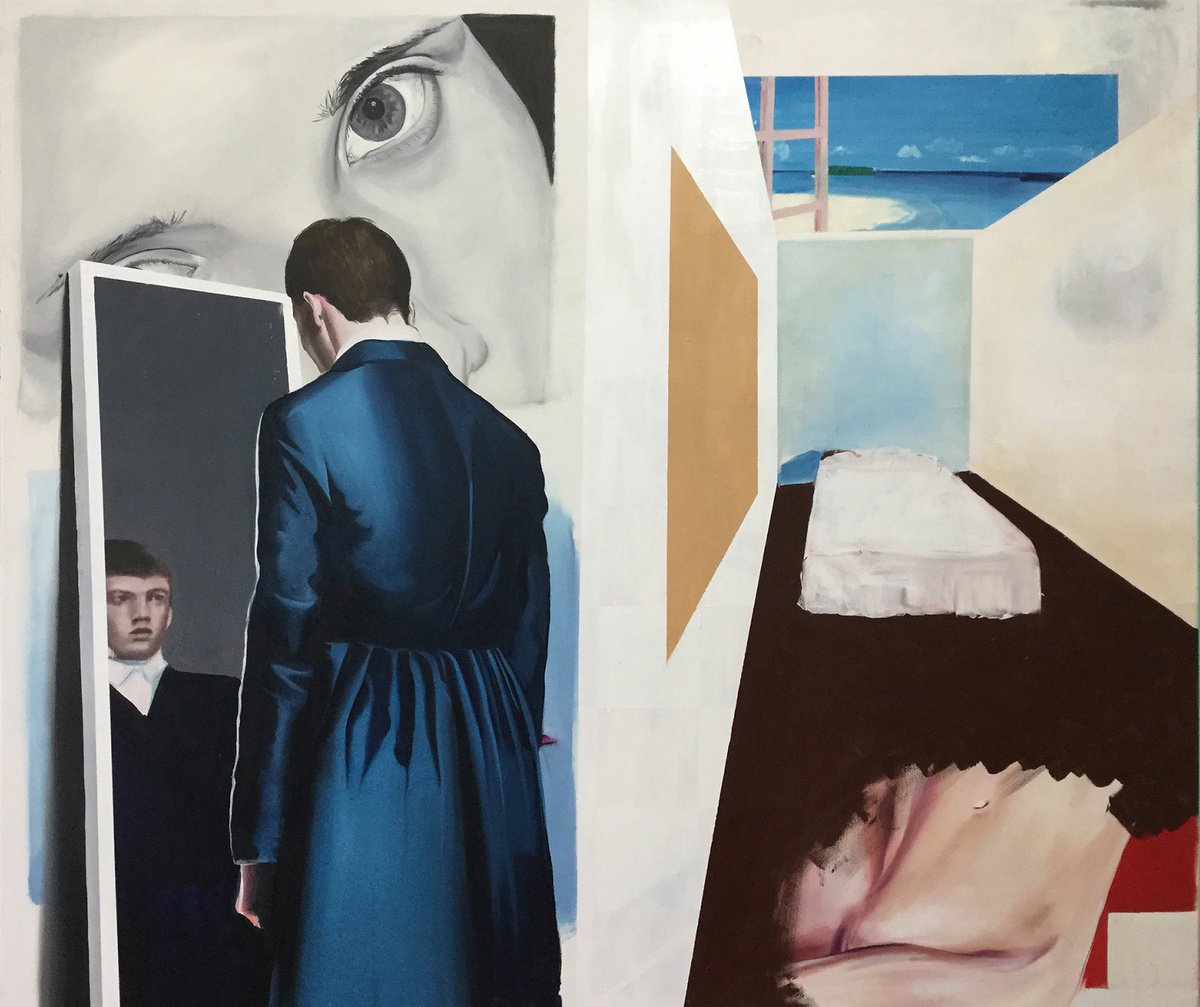 Urban And Pop Portrait Oil Painting By Kujbus Janos, 55 X 47", Mirror, Original Artwork