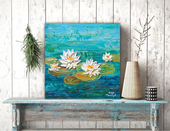 Water Lily Lake - Impasto Floral Art, Palette Knife Painting