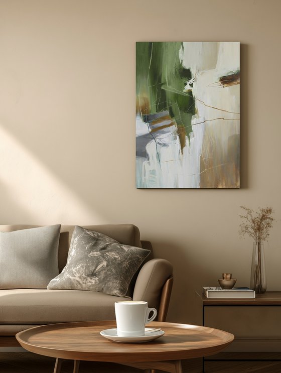 "Green Melody 3" Abstract green beige art