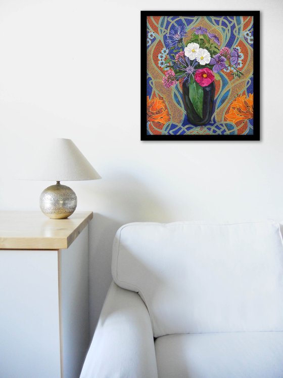 Mixed Flowers in a Green Vase