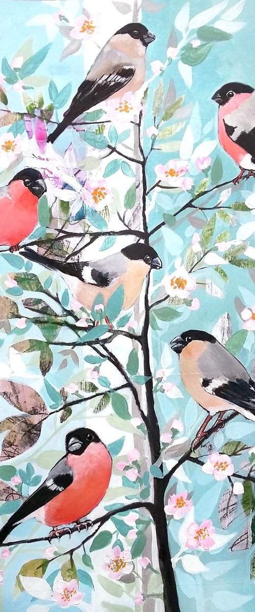 The dinner party ( Bullfinch mixed media painting ) by Carolynne Coulson