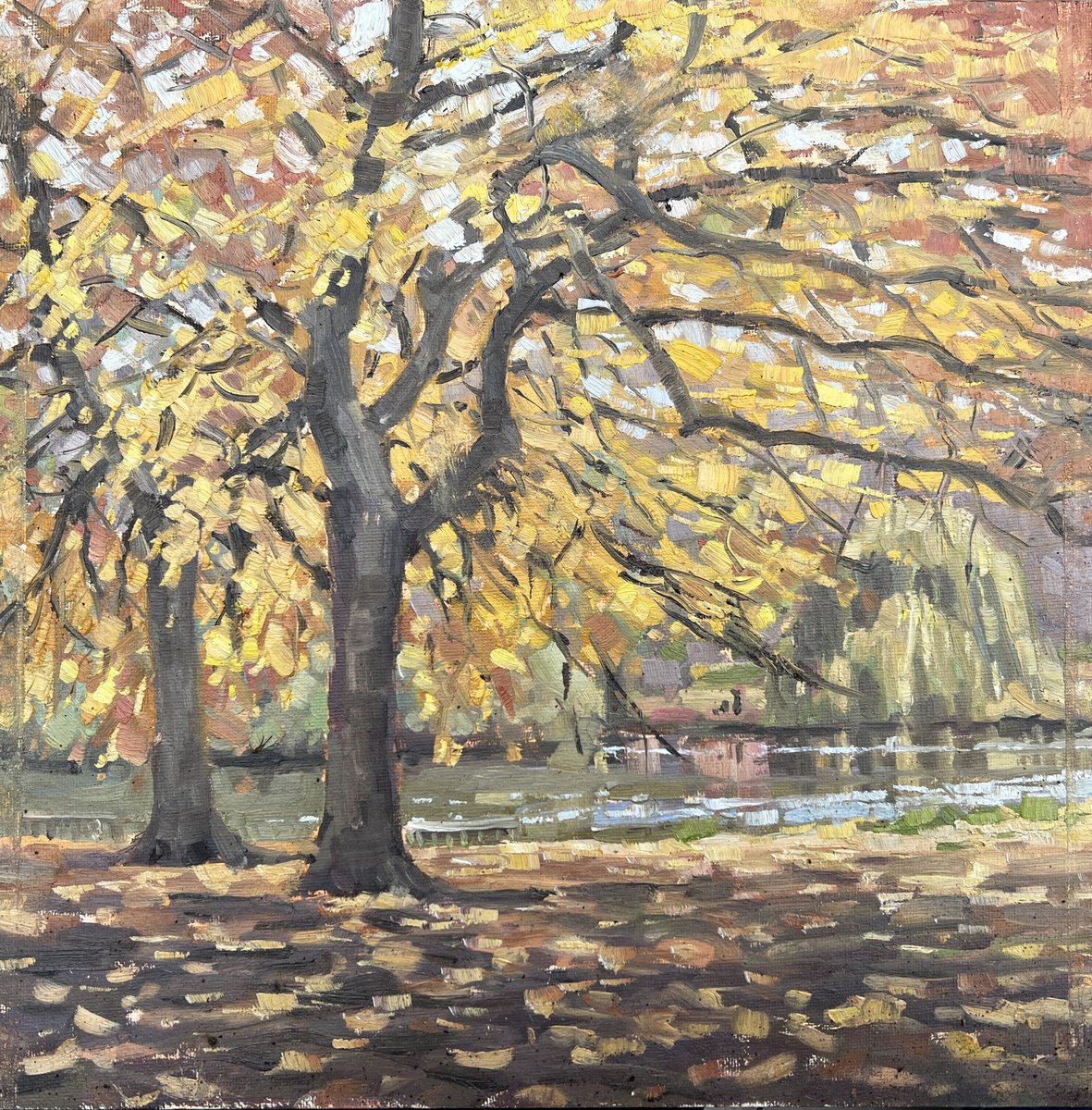Impressionistic Landscape Oil Painting By Louise Gillard, 12 X 12", Autumn Trees In St James