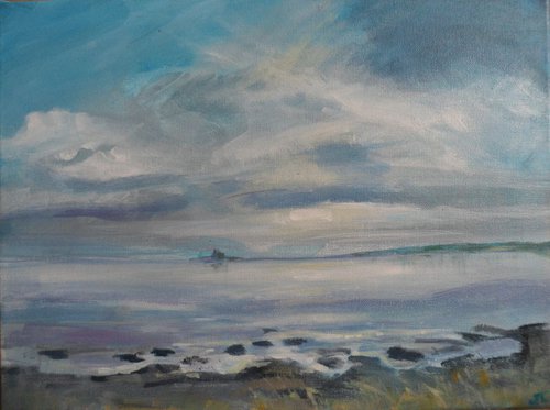 Holy Island from Goswick Sands, tide coming in by Jean  Luce