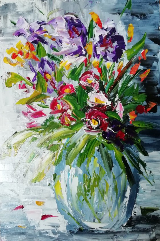 Summer bouquet, original framed oil painting , gift, bedroom art