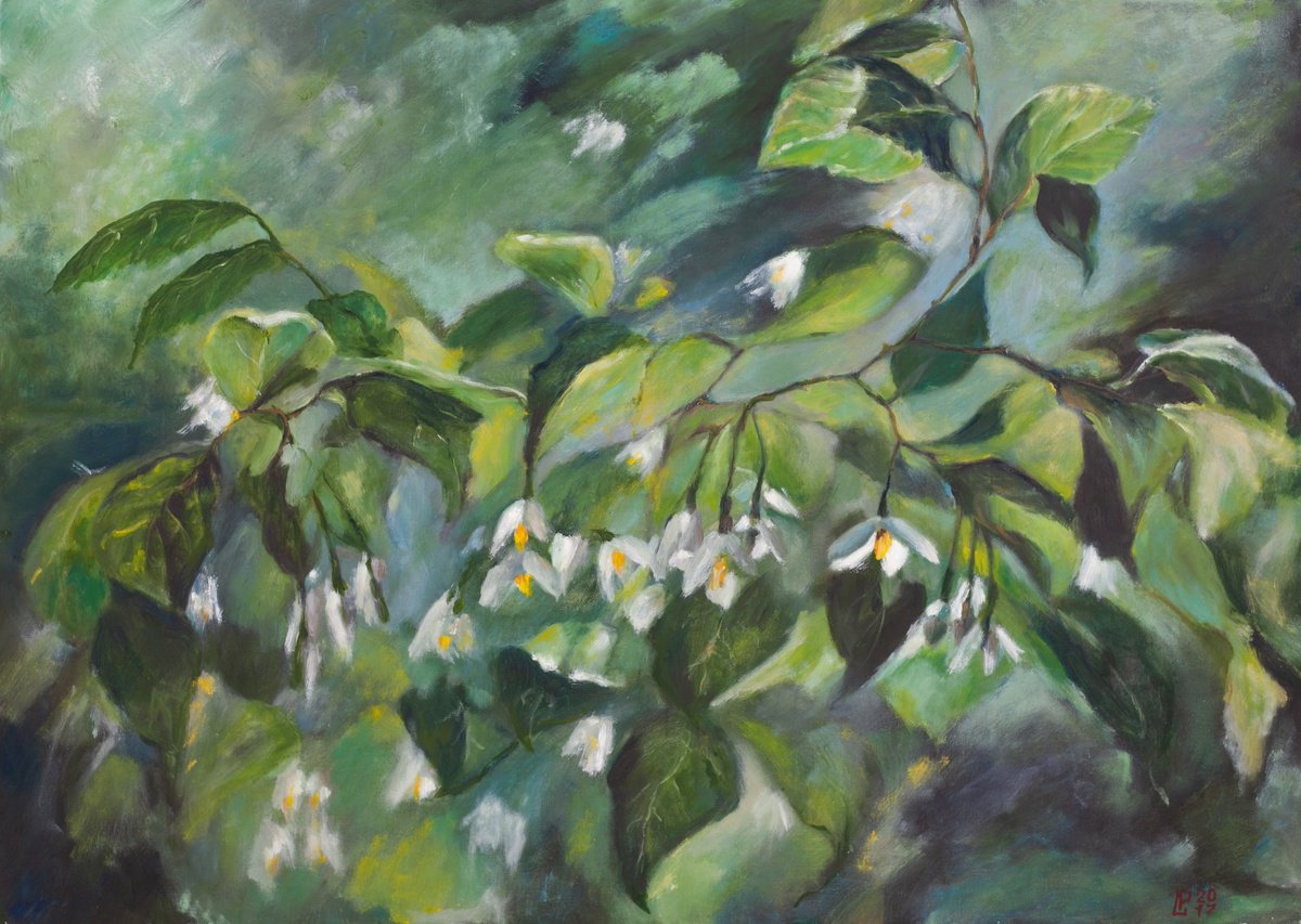 Impressionistic Botanical Oil Painting By Liudmila Pisliakova, 28 X 20", Blooming Branch, Original Artwork