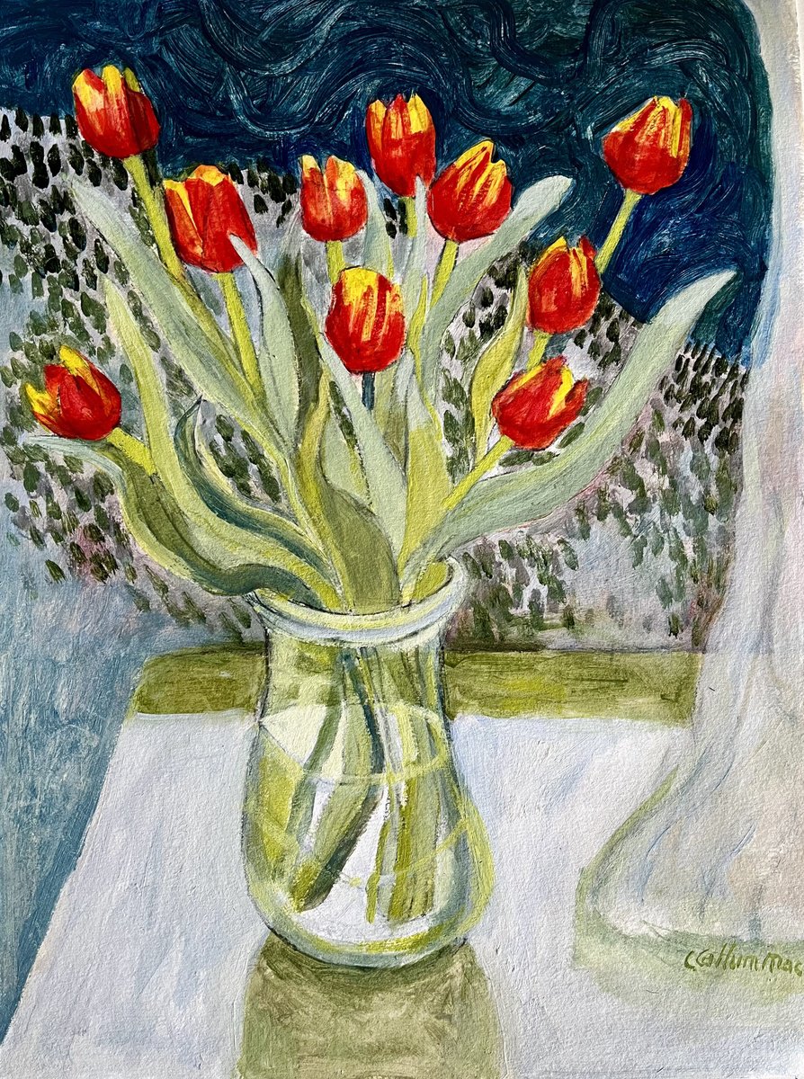 Illustrative Botanical Acrylic Painting By Christine Callum Mcinally, 12 X 16, Stormy Red Tulips, Original Artwork