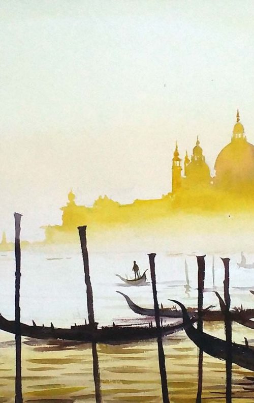 Golden Morning Venice - Watercolor on Paper by Samiran Sarkar
