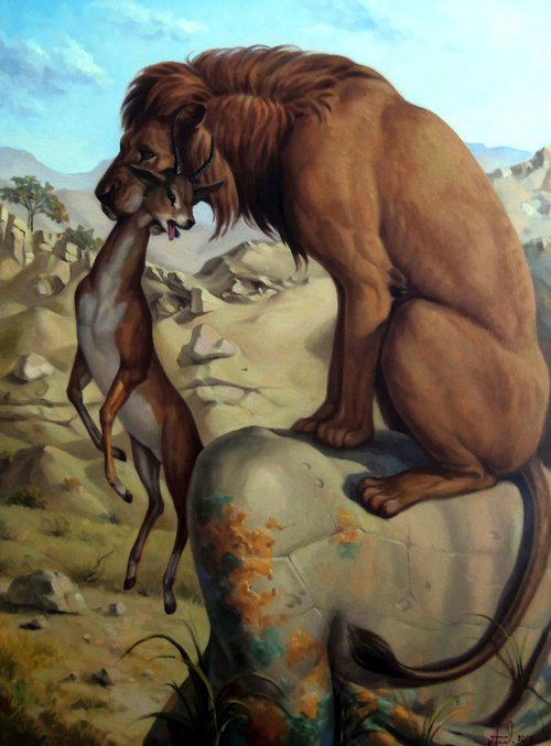 Lion's hunting 60x80cm, oil painting, surrealistic artwork by Artush Voskanian