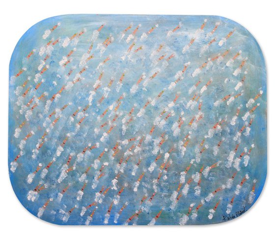 Swimmers 883 Ironman Triathlon race start over a silver and blue sea Painting by Ruben Abstract