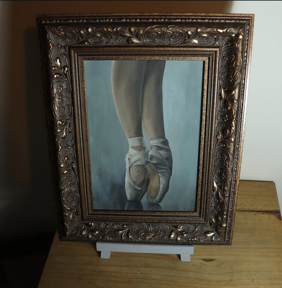 Ballet Feet in Grey, On Pointe Painting, Ballerina, Dance, Framed and Ready to Hang, Feet on Tip-Toes