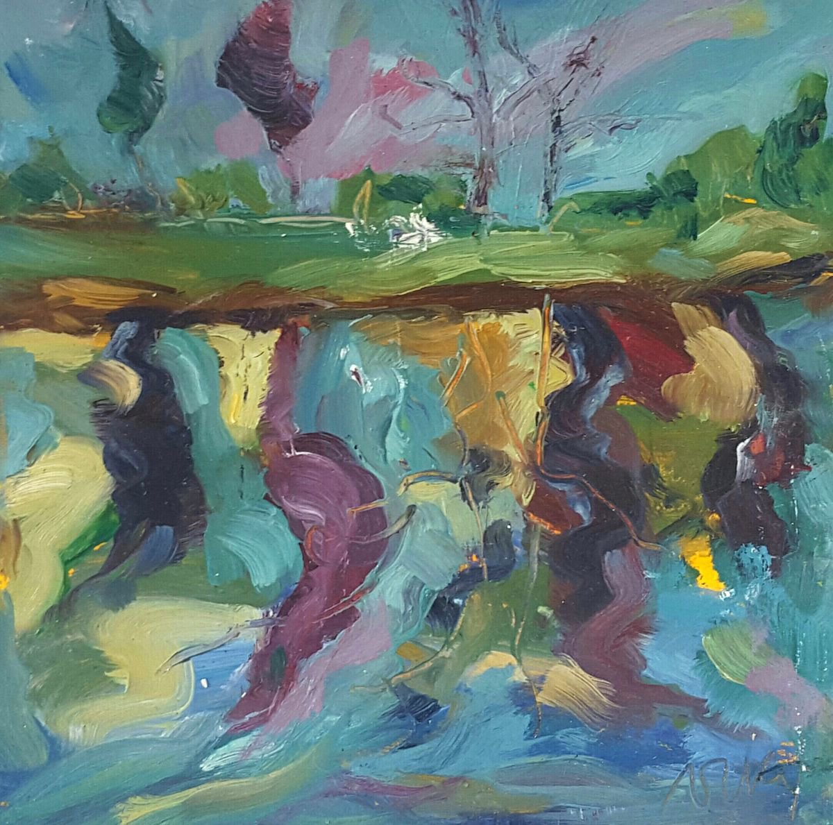 Swirling Tree reflections in water by Niki Purcell - Irish Landscape Painting