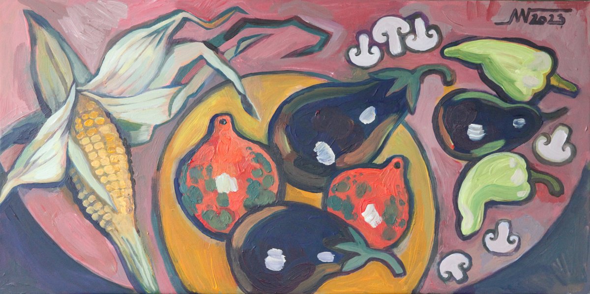 Still Life Acrylic Painting By Marina Gorkaeva, 31 X 16", In The Kitchen, Original Artwork