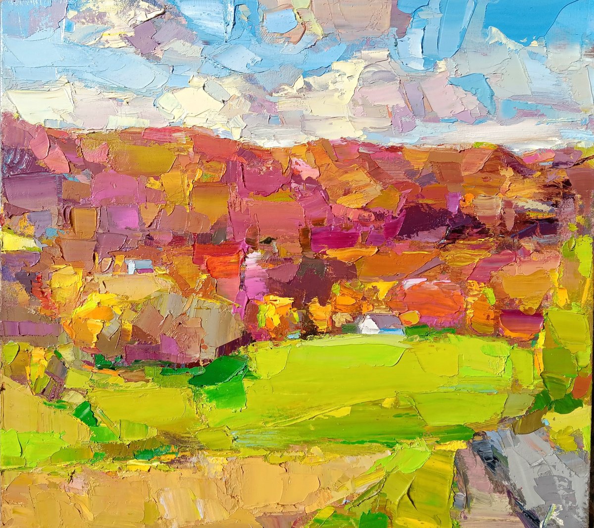 Expressive Landscape Oil Painting By Ruslan Khais, 26 X 24", A Good Day In New England, Original Artwork