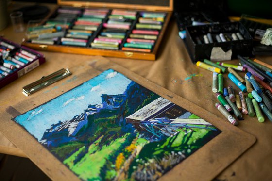 Old mill in Alpes. Scuol, Switzerland. Impressionistic etude ORIGINAL OIL PASTEL PAINTING. SMALL mountains nature IMPRESSIONISM IMPRESSION DECOR TRAVEL bright