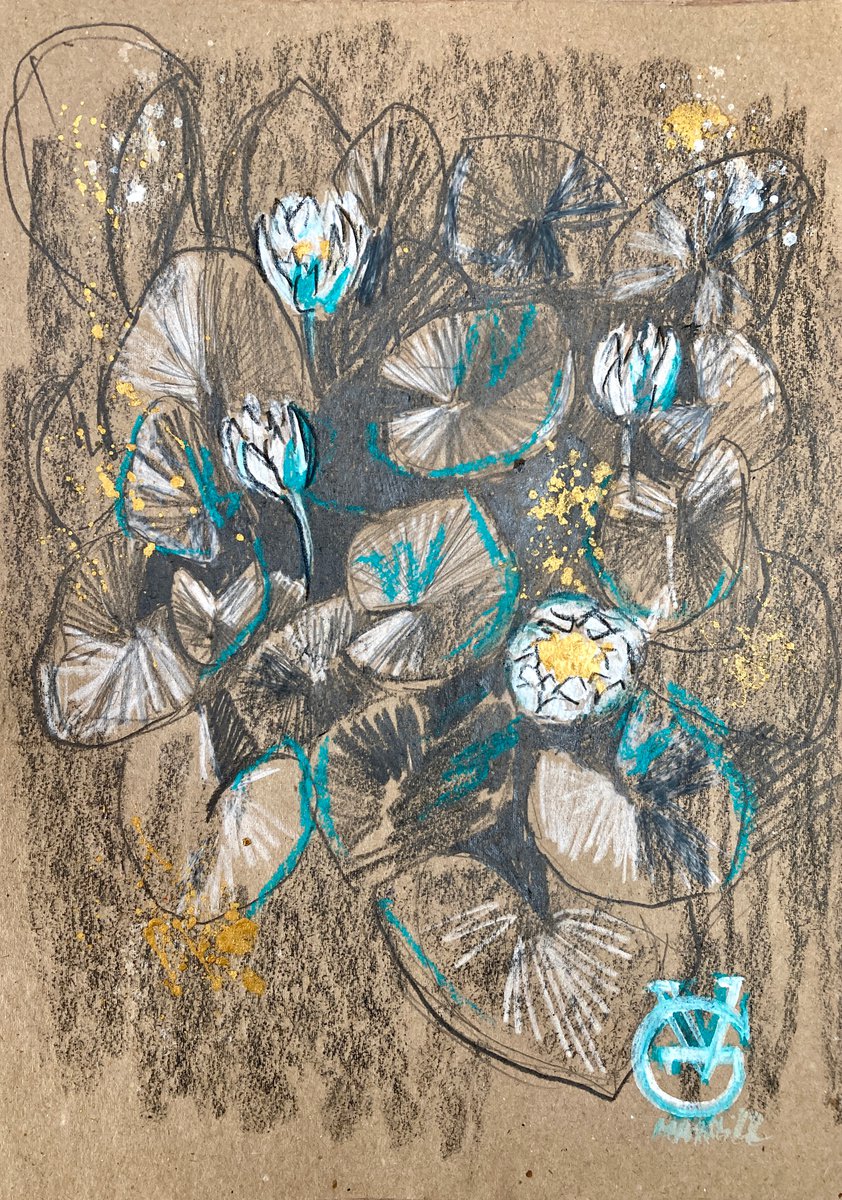 Impressionistic Botanical Drawing By Valeria Golovenkina, 8 X 12", Water Lilies In Teal 3, Original Artwork