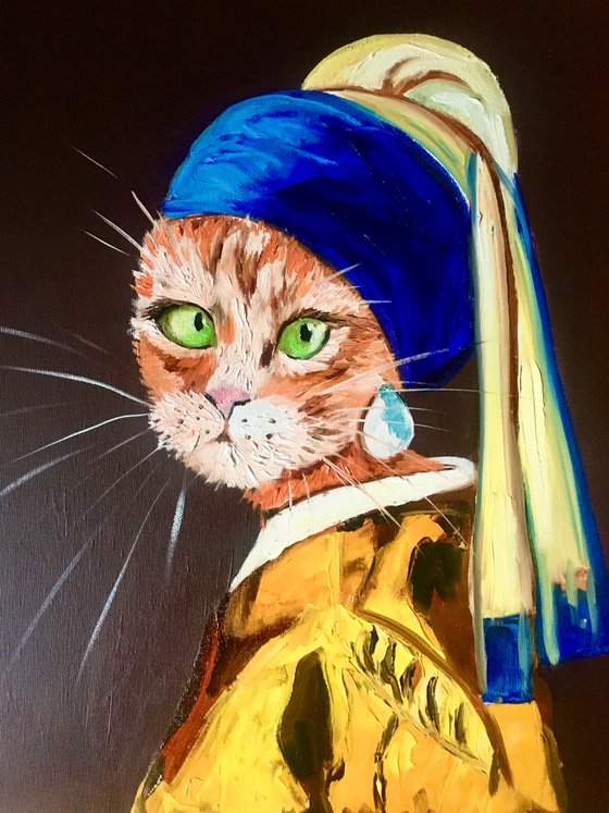 Cat with the pearl earring inspired by Vermeer painting feline art for cat lovers gift idea