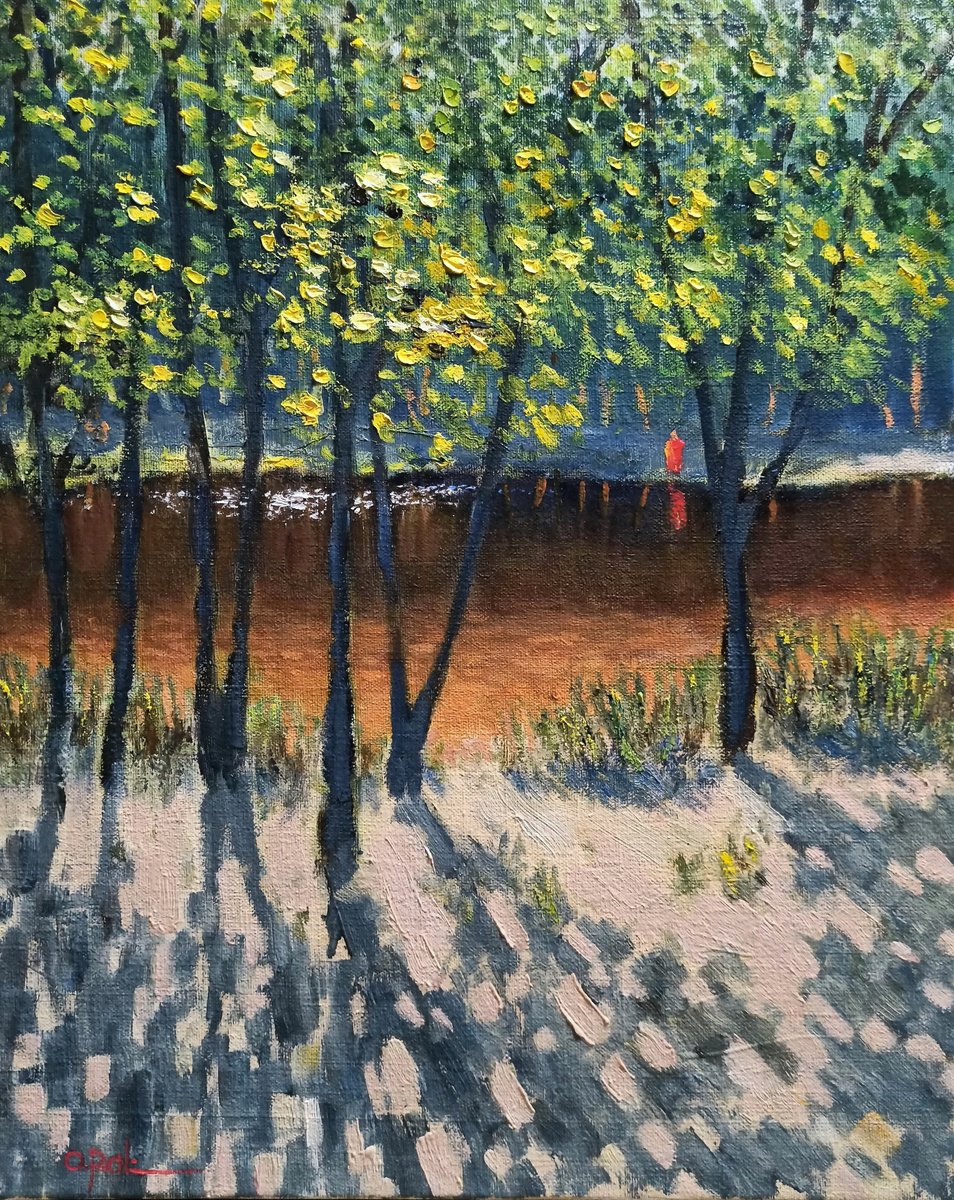 Impressionistic Landscape Oil Painting By Oleh Rak, 16 X 20", On The Sunny Bank, Original Artwork