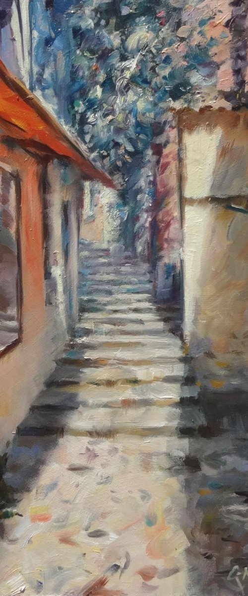 Sunny Steps. One-of-a-Kind Oil Painting on Board. Unframed. by Gerry Miller