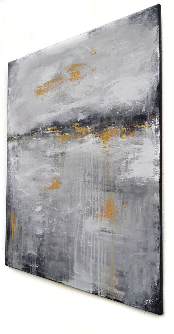 'PATHS AND TRACKS' #3 – abstract landscape in grey, gold and earth shades