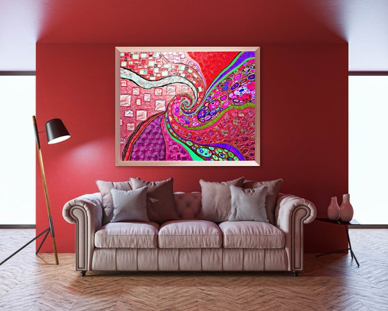 Viva Magenta Love - large red abstract painting, vivid spiral