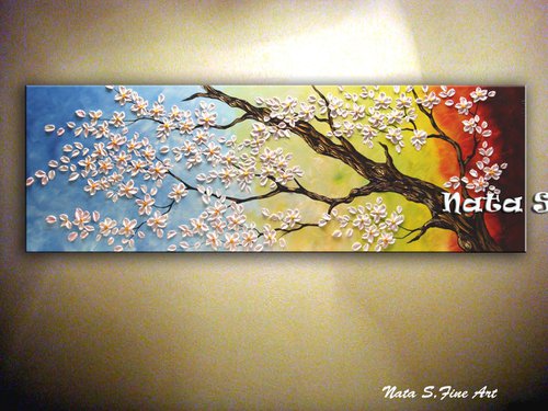 Blossom Plum -  Large Textured Flowers Painting 60" x 20" by Nataliya Stupak