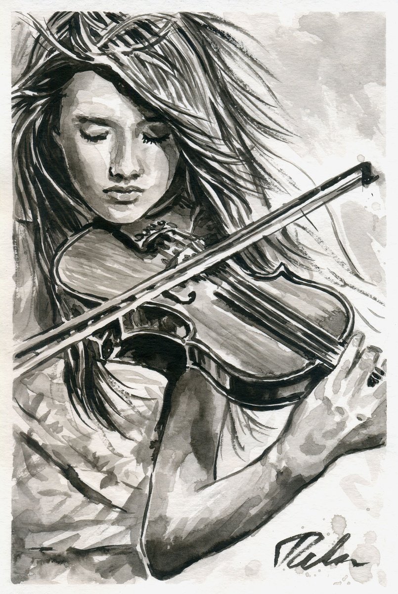 Urban And Pop Portrait Ink Drawing By Tashe, 8 X 12", Young Violinist, Original Artwork