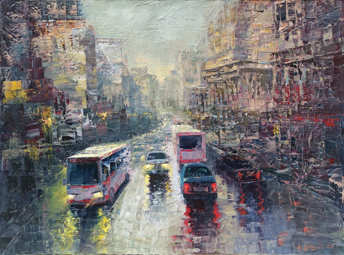 Impressionistic Cityscapes Oil Painting By Kamo Atoyan, 31 X 24", After Rain, Original Artwork