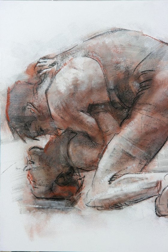 Charcoal drawing on paper "Wrestlers"
