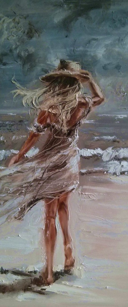 " JUST SEA AND I ... "- SEA SAND liGHt  ORIGINAL OIL PAINTING, GIFT, PALETTE KNIFE by Monika Luniak