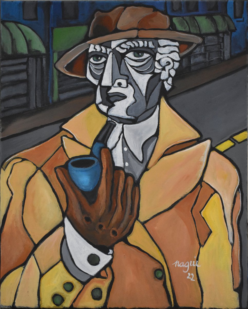 Expressive Portrait Acrylic Painting By Nagui, 16 X 20", The Man With The Blue Pipe, Original Artwork