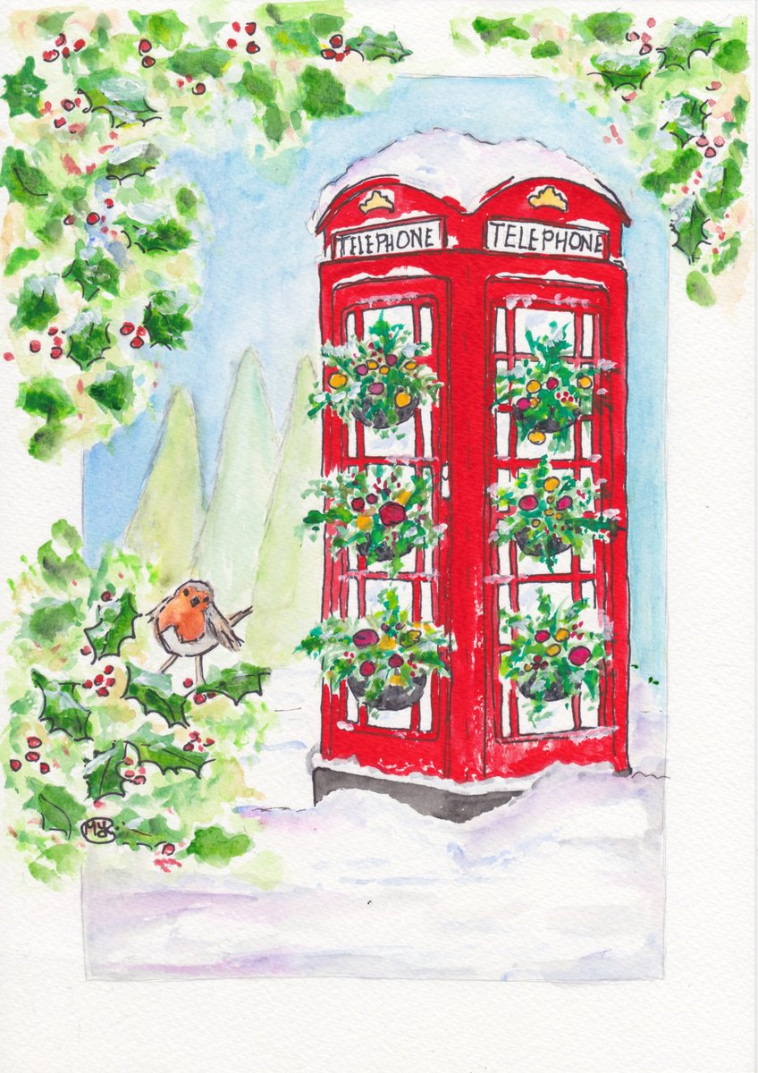 Impressionistic Animal Painting By Marjansart, 8 X 12", Red Christmas Phone Box, Original Artwork