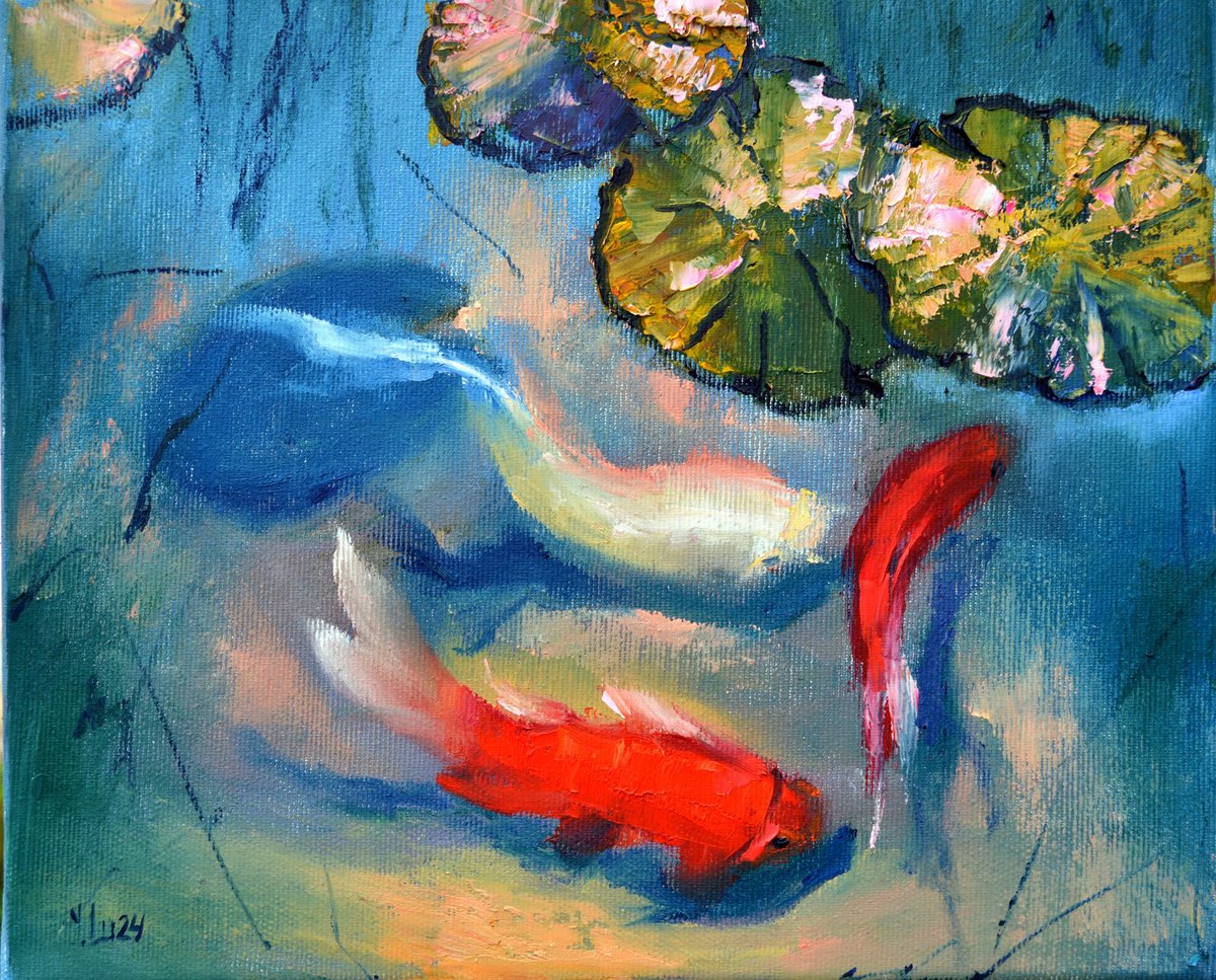 Expressive Animal Oil Painting By Elena Lukina, 12 X 10, Pond With Fish, Original Artwork