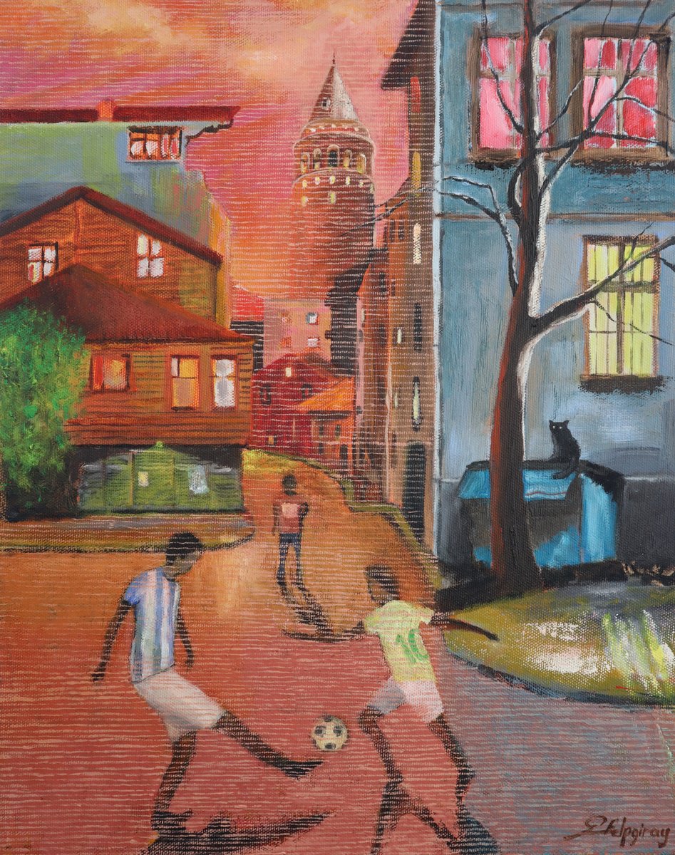 Urban And Pop Cityscapes Oil Painting By Gokhan Alpgiray, 16 X 20, Galata Tower And Back Streets, Original Artwork