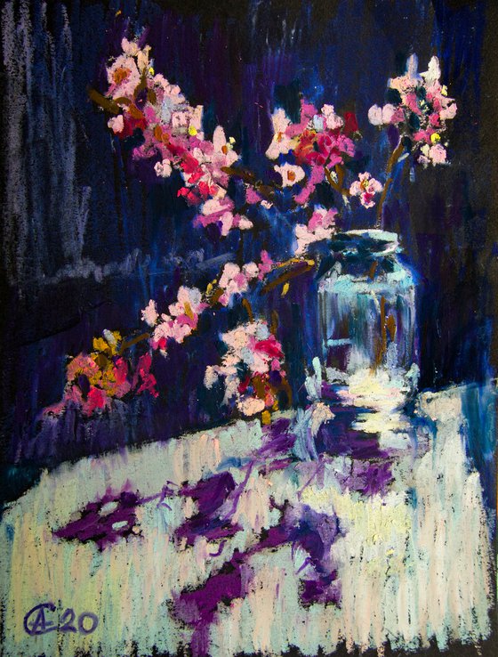 Cherry blossoms. Home isolation series. Oil pastel painting, Small original home decor gift idea interior dark still life spring flowers