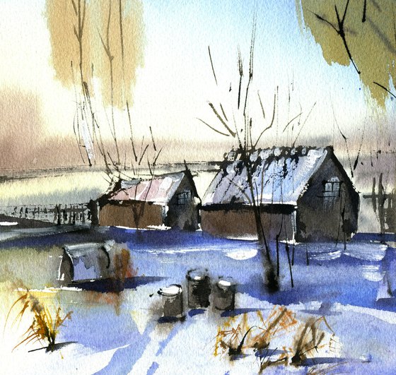 Winter sunset in the countryside original watercolor painting, snowy landscape