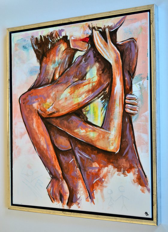 Lovers In The Wall - Original Modern Painting Art on Canvas with Floating Frame Ready To Hang