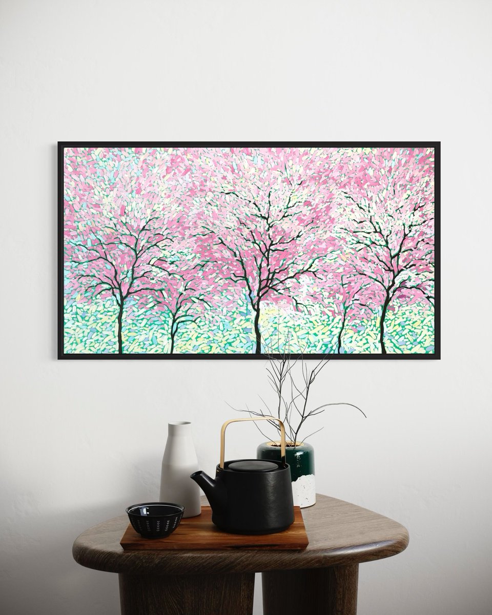 Impressionistic Landscape Oil Painting By Volodymyr Smoliak, 36 X 20", Pink Garden, Original Artwork