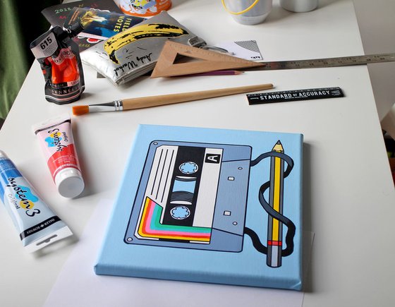 Cassette Tape and Pencil Retro Pop Art Painting On Canvas