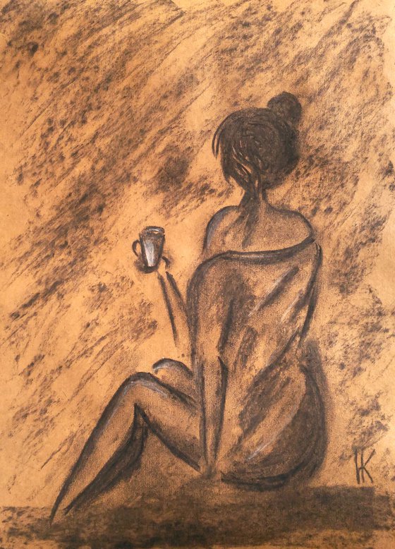 Coffee Time Painting Woman Original Art Morning Coffee Charcoal Drawing Artwork People Home Wall Art 12 by 17" by Halyna Kirichenko