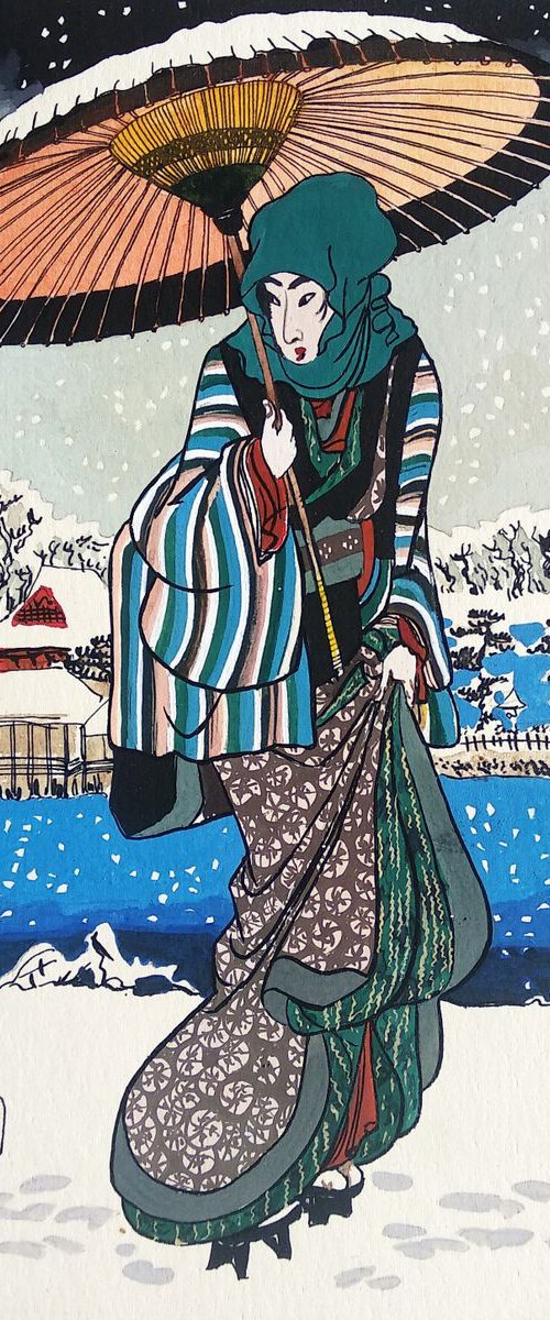 Young woman with umbrella and snow by Liubov Palii