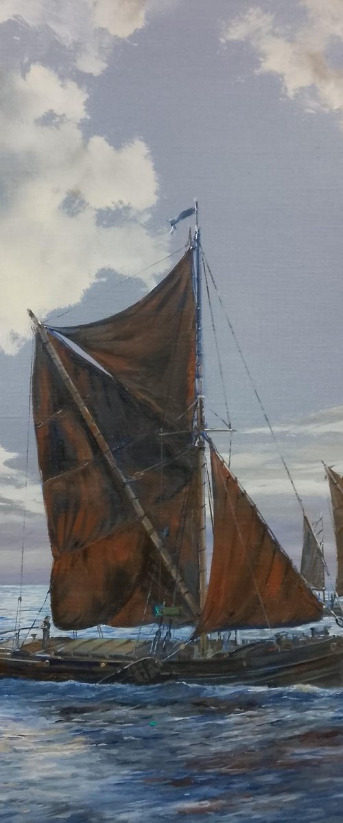 THAMES SAILING BARGES IN THE MOONLIGHT by Peter Goodhall