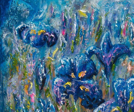 Countryside Irises   Oil painting  with palette knife 20x24 inches