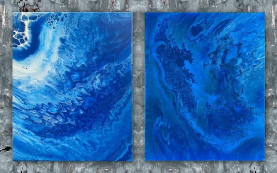 "I Got The Blues" - Save As A Series - Original PMS Abstract Diptych Fluid Acrylic Paintings On Canvas - 32" x 20"