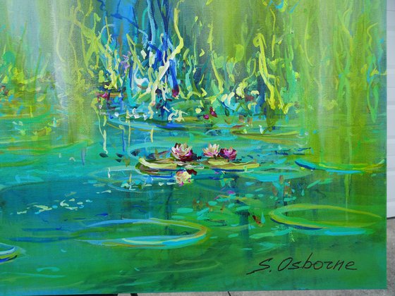 WATER LILY POND. Large Floral Painting, Modern Impressionism