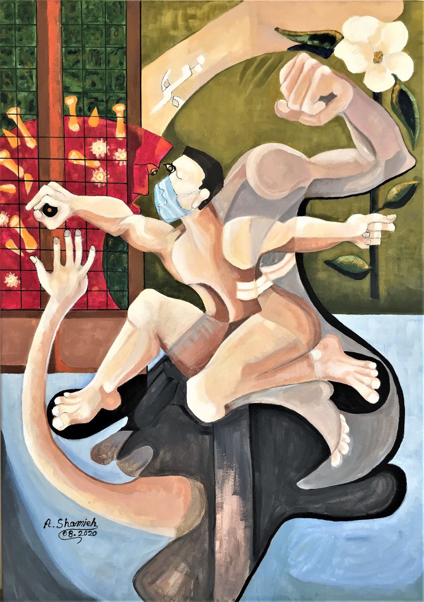 Expressive Portrait Acrylic Painting By Abdelrahman Shamieh, 20 X 28, Pandemic, Original Artwork