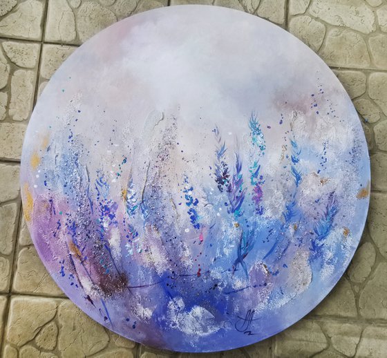 Lavender flowers on round canvas, Lilac flowers painting