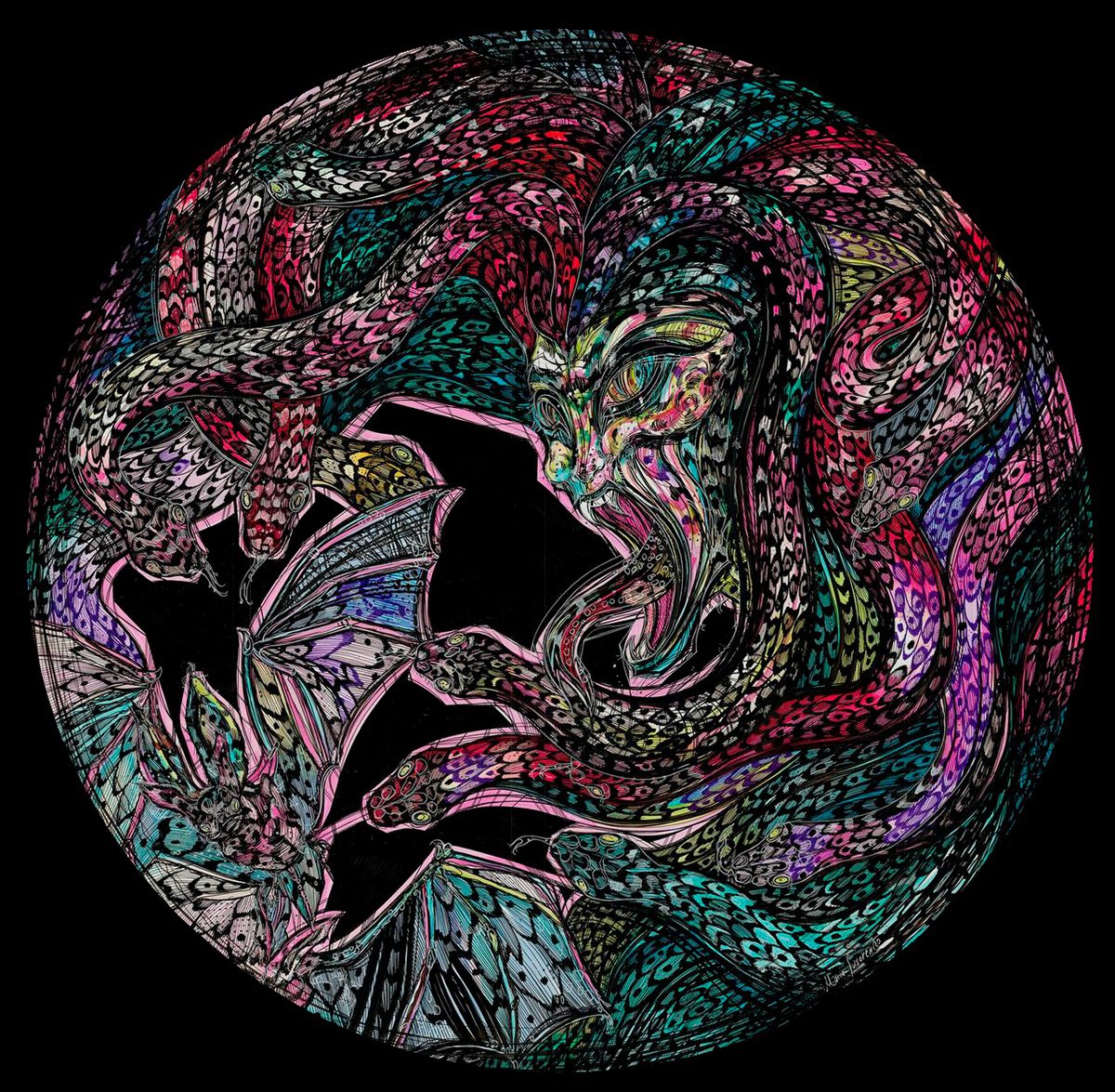 Impressionistic Animal Drawing By Maria Susarenko, 26 X 26", Medusa Tondo, Original Artwork