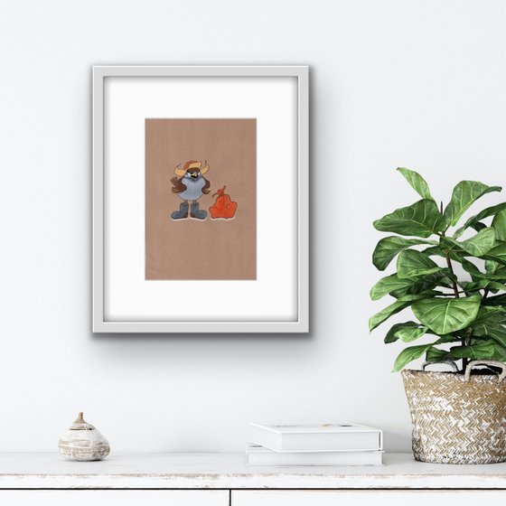 Bird portrait of a sparrow in  a winter Russian hat and felt boots - Gift idea for bird lover